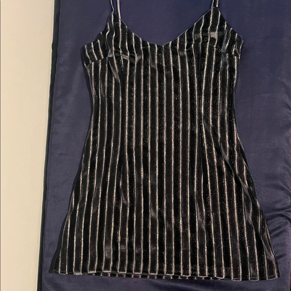 Storia Dark Green and Silver Velvet Striped Mini Dress